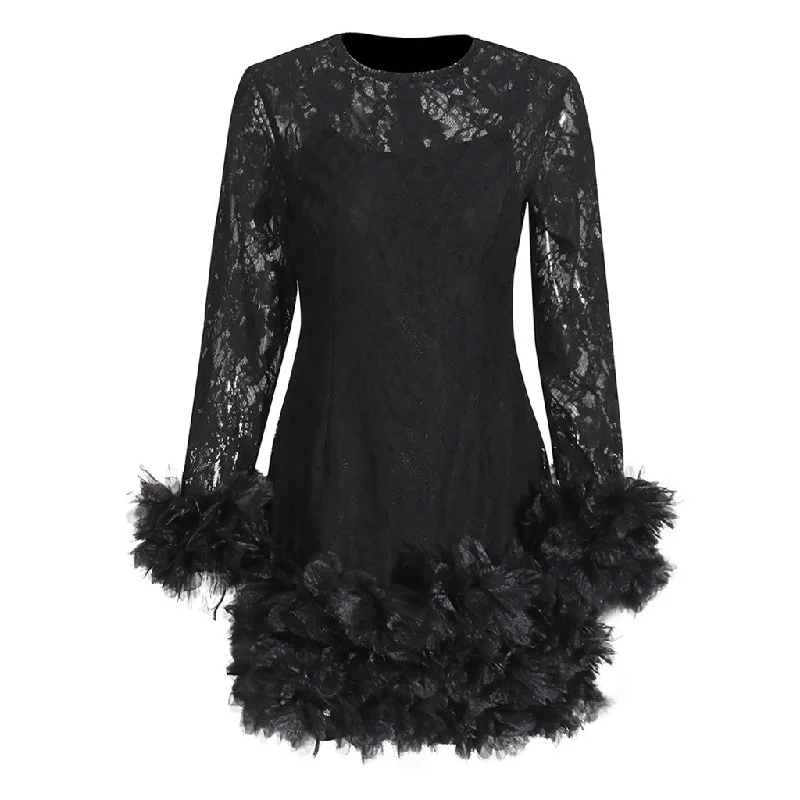 Women's Luxury Apparel Romantic Crew Neck Layered Petal Trim Long Sleeve Sheer Lace Mini Dress