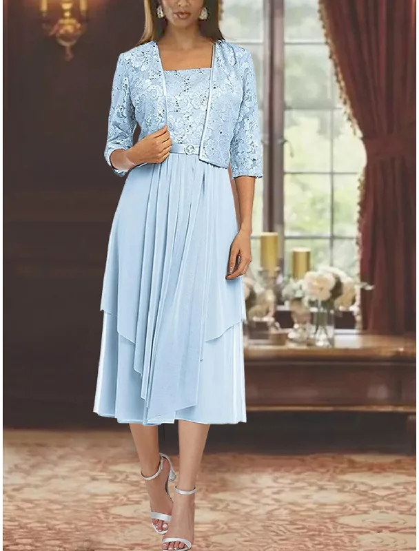 Women's Clothing For Holiday Travel Two Piece A-Line Mother of the Bride Dress Formal Wedding Guest Elegant Square Neck Tea Length Chiffon Lace 3/4 Length Sleeve Wrap Included with Pleats