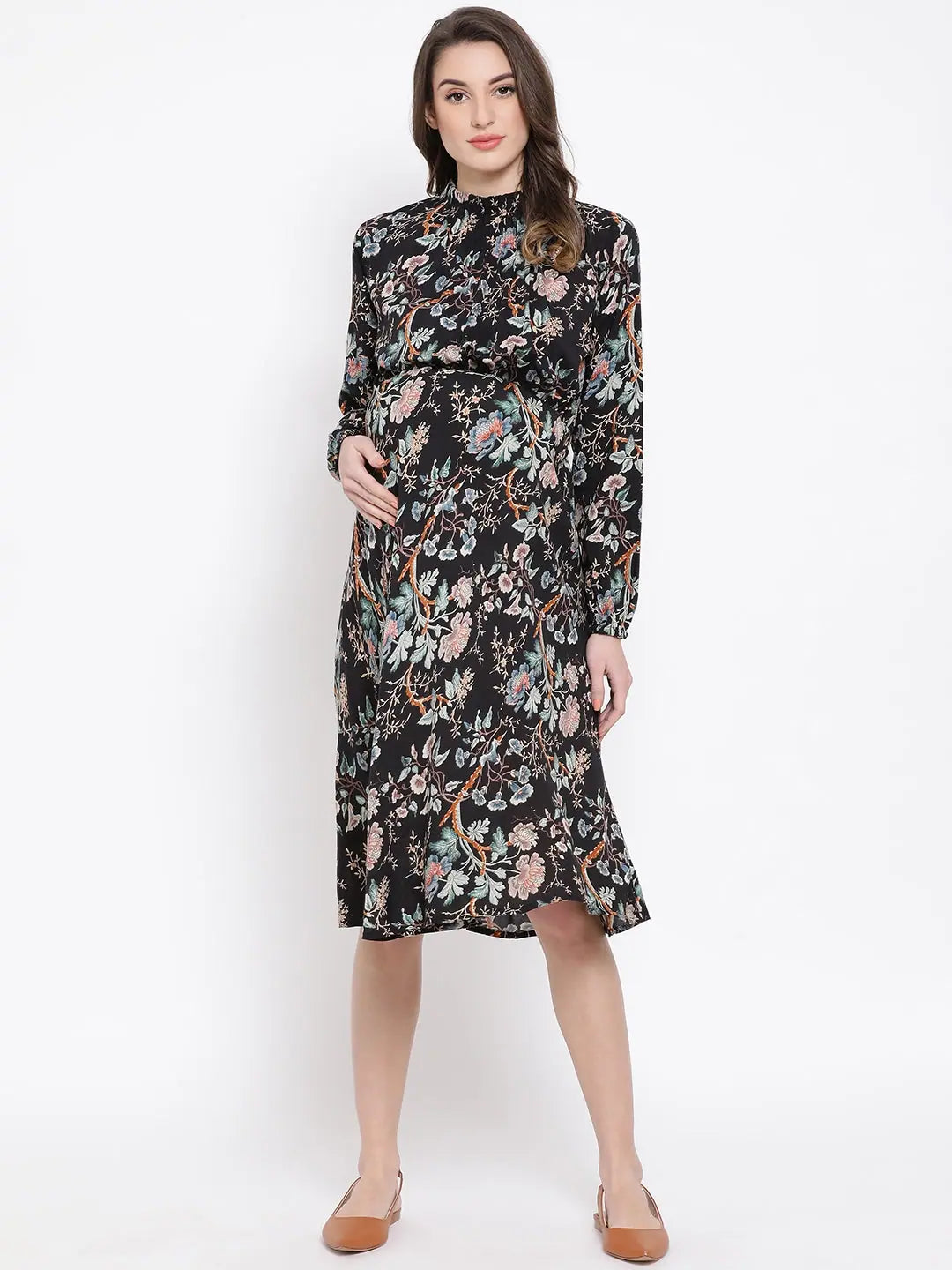 Women's Clothes And Garments Floral Dectorial Caution Midi Maternity Dress