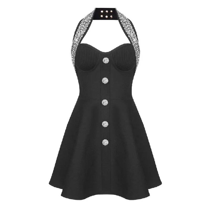 Modern Women's Apparel Shiny Crystal Buttoned Halter Bustier Sleeveless Bandage Skater Mini Dress