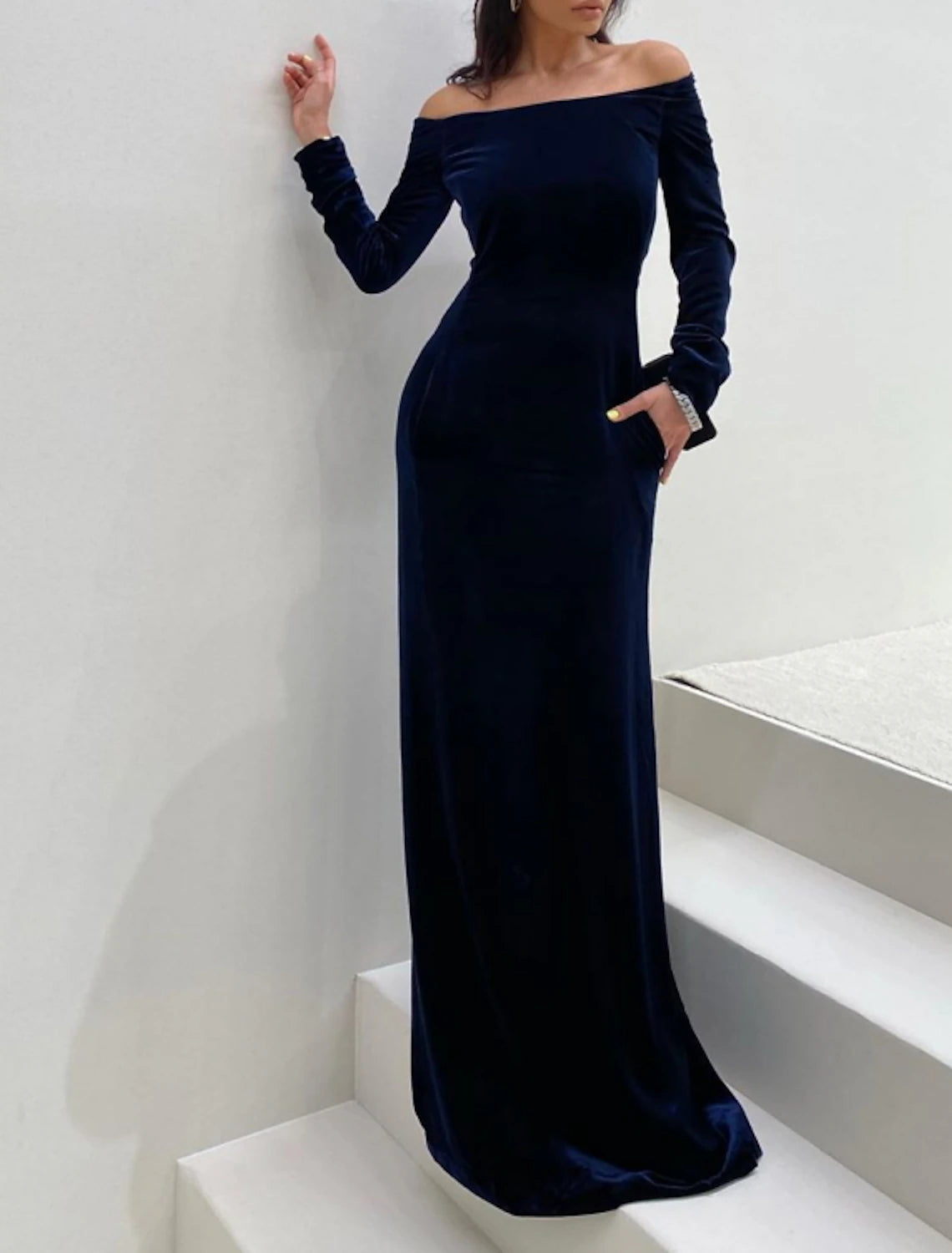 Fashionable Women's Clothes Sheath / Column Evening Gown Minimalist Dress Formal Evening Floor Length Long Sleeve Off Shoulder Fall Wedding Guest Velvet with Sleek