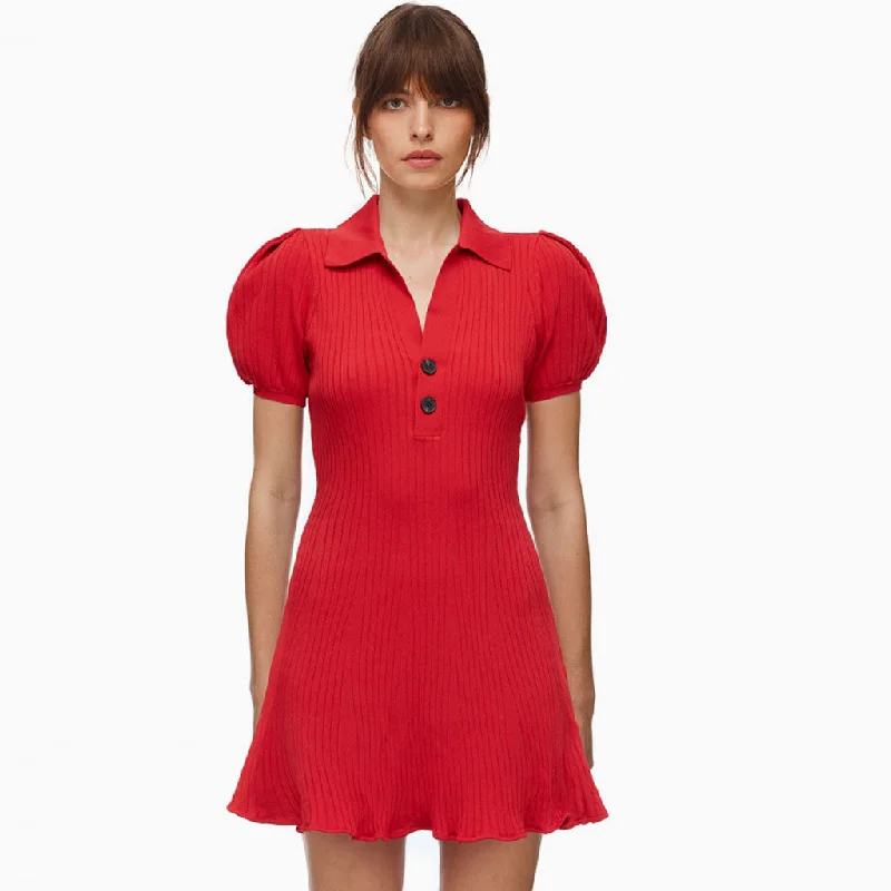 Women's Professional Outfit Swingy Collared Puff Sleeve A-Line Rib Knit Sweater Mini Dress - Red