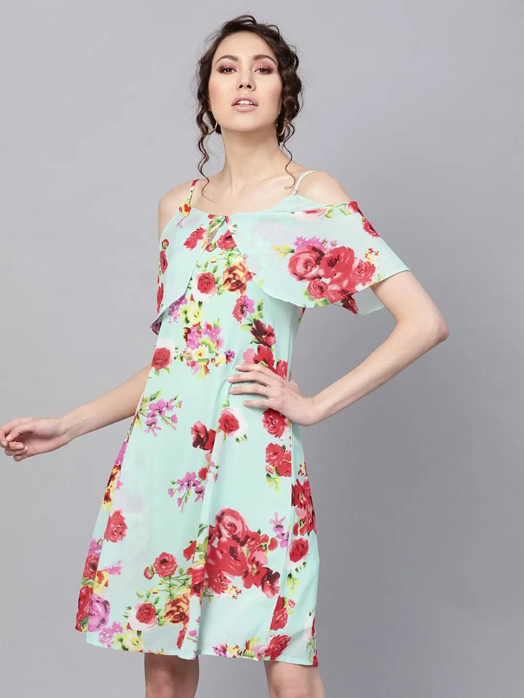 Women's Tailored Outfit Aqua Floral Layered Fit & Flare Strap Dress