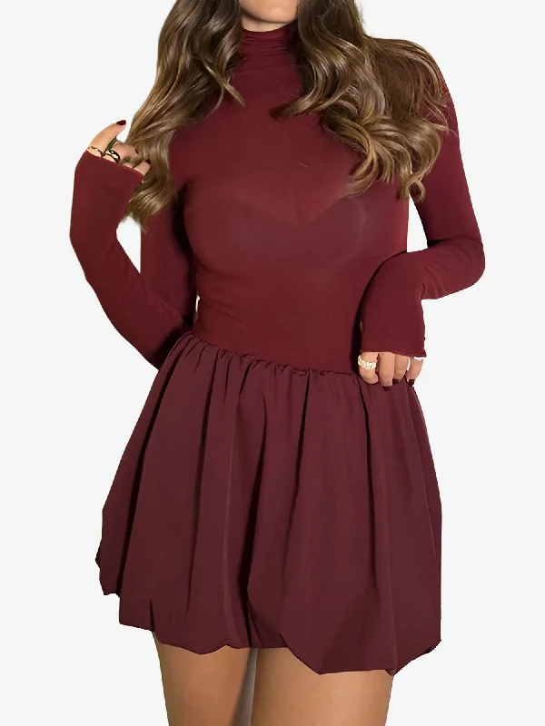 Chic Women's Garments Mock Neck Long Sleeves Bubble Hem Mini Dress