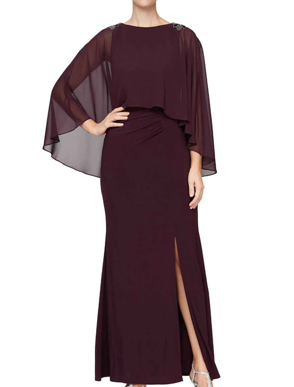 Stylish Women's Attire A-Line Mother of the Bride Dress Wedding Guest Elegant Jewel Neck Ankle Length Chiffon Long Sleeve with Sequin Split Front Ruching