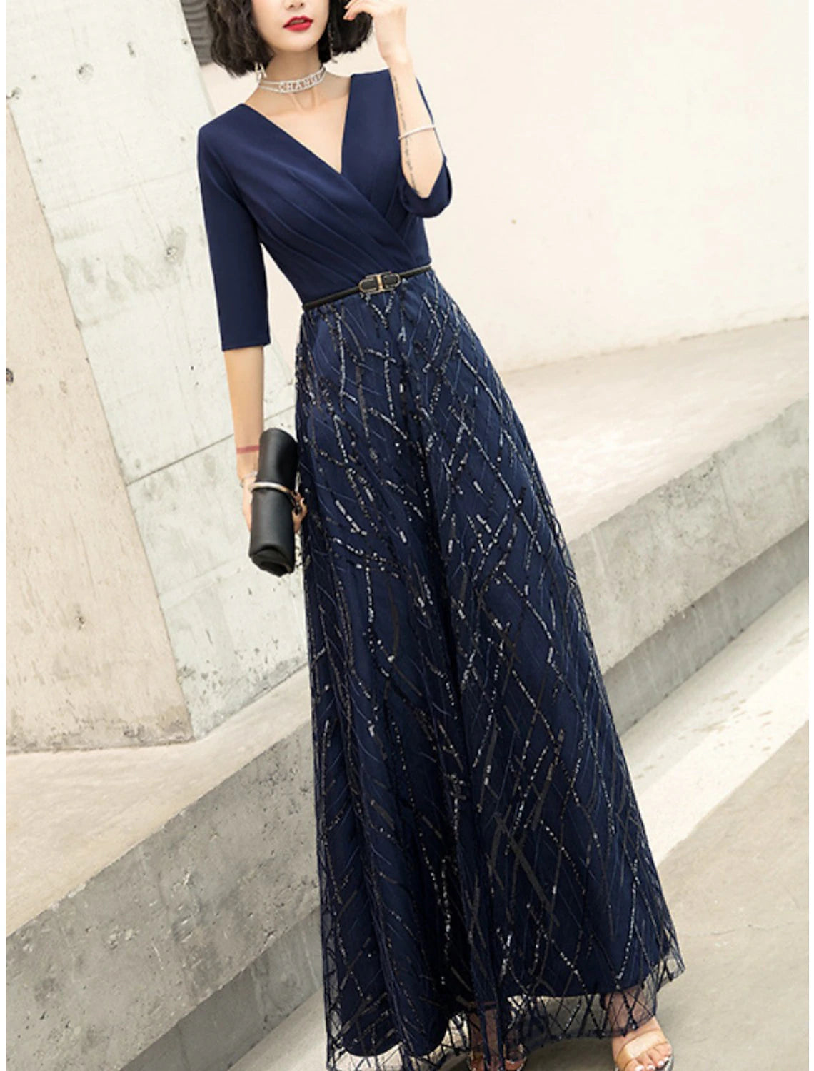 Casual Garments For Women Sheath / Column Mother of the Bride Dress Wedding Guest Party Sparkle & Shine Petite V Neck Ankle Length Tea Length Satin Sequined 3/4 Length Sleeve Half Sleeve with Sash / Ribbon Ruching