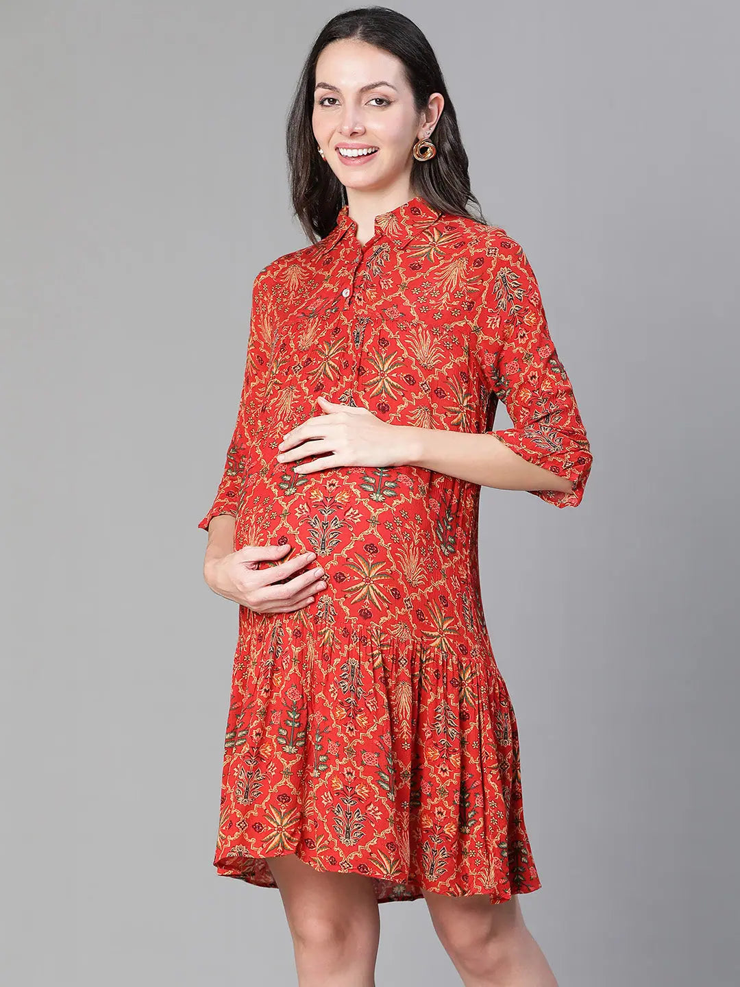 Stylish Outerwear Clothes For Women Queen Red Floral Print Collared Women Maternity Dress