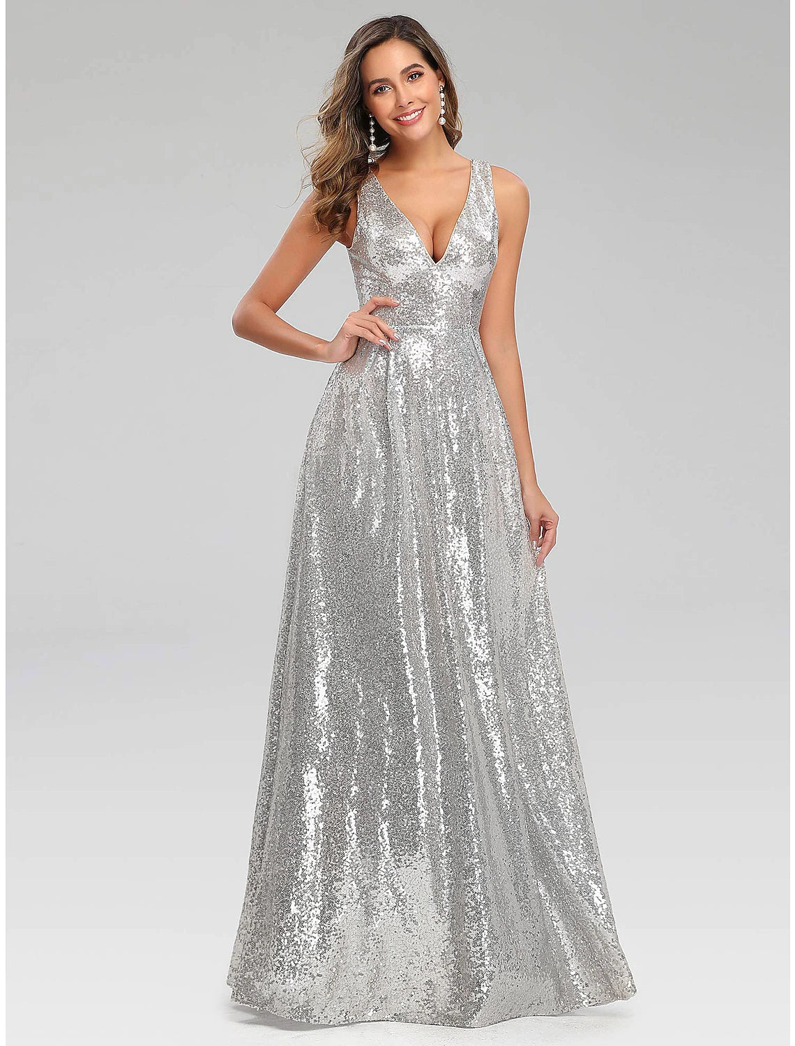 Women's Clothes For Special Occasions A-Line Prom Dresses Sparkle Dress Wedding Guest Engagement Floor Length Sleeveless V Neck Polyester V Back with Sequin