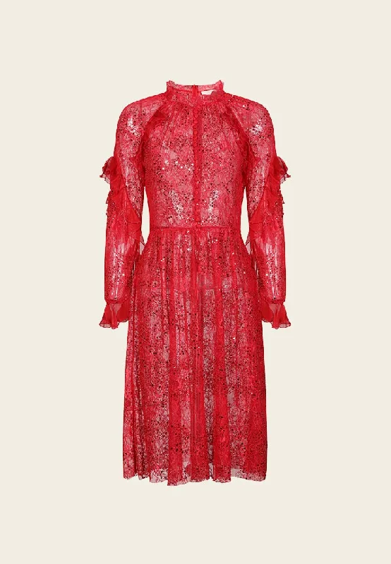 Women's Holiday Clothing Red Floral-embellished Long-sleeves Evening Dress