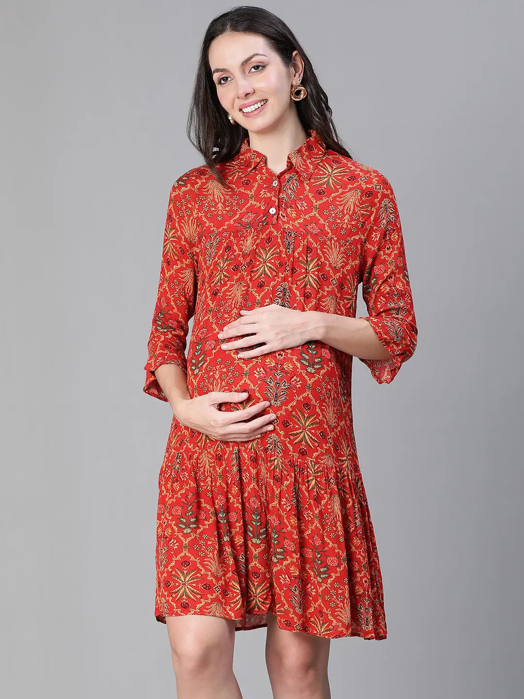 Women's Activewear Attire Women collared bell sleeved floral printed maternity dress