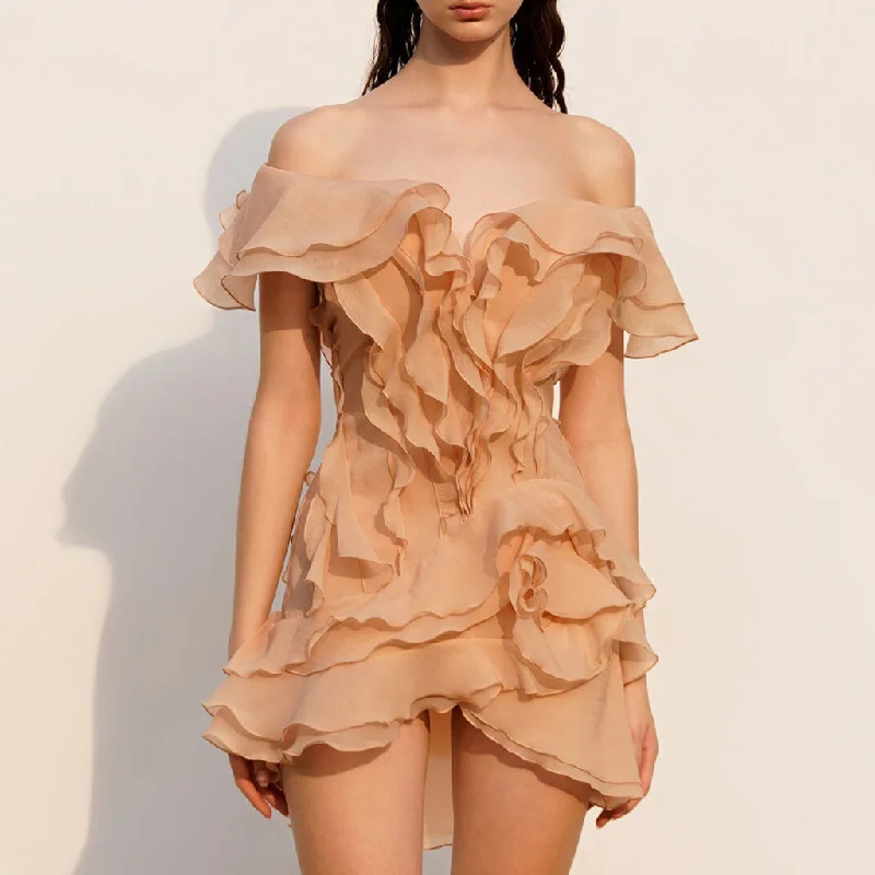 Women's Athletic Garments Ethereal Chiffon Deep V Off The Shoulder Layered Ruffle Rosette Mini Dress