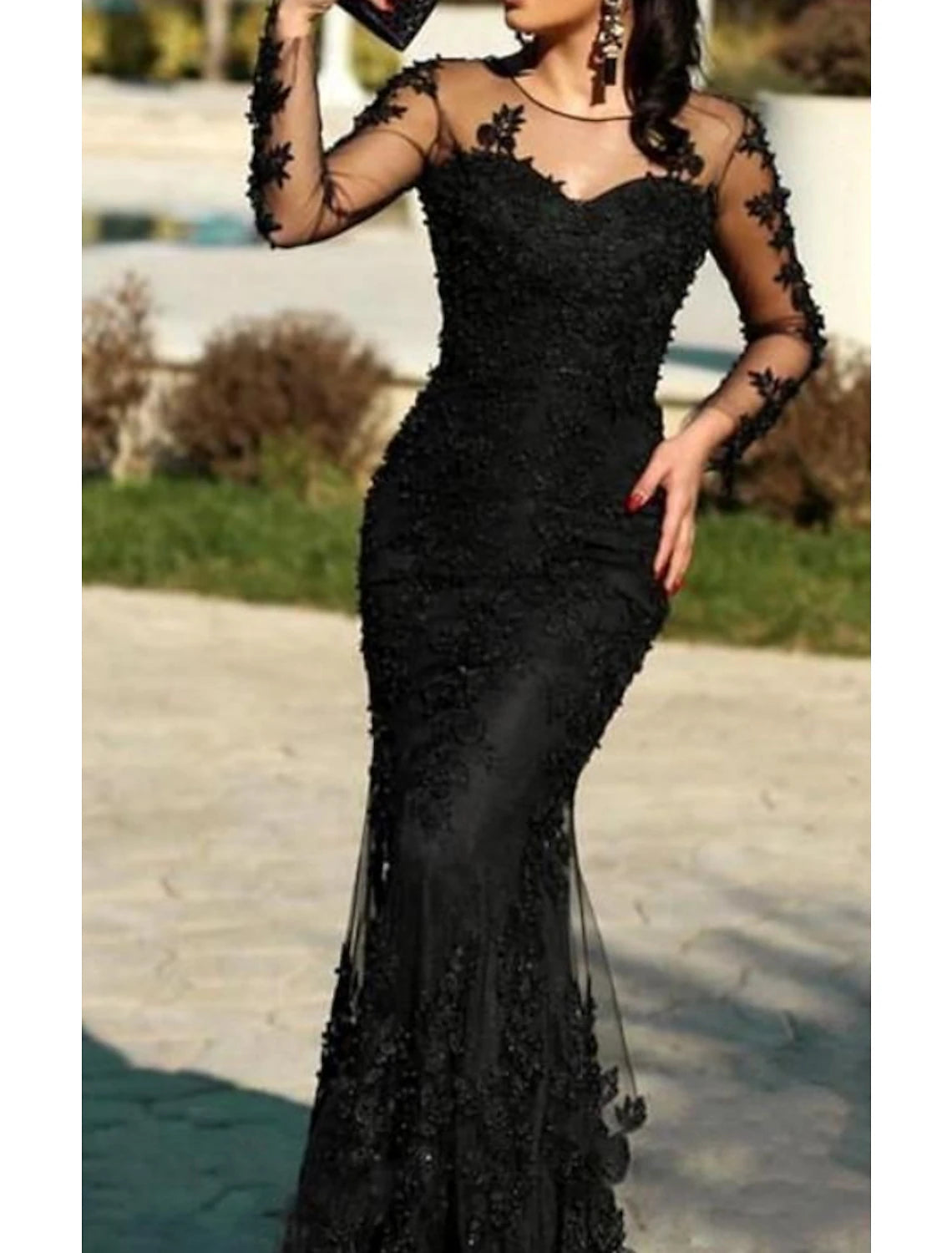 Women's Outerwear Clothing Mermaid Black Dress Plus Size Elegant Wedding Guest Formal Evening Dress Illusion Neck Long Sleeve Sweep / Brush Train Polyester with Lace Insert Appliques