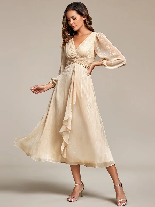 Elegant Women's Evening Garments Shiny Chiffon Wholesale Wedding Guest Dresses with Long Sleeve