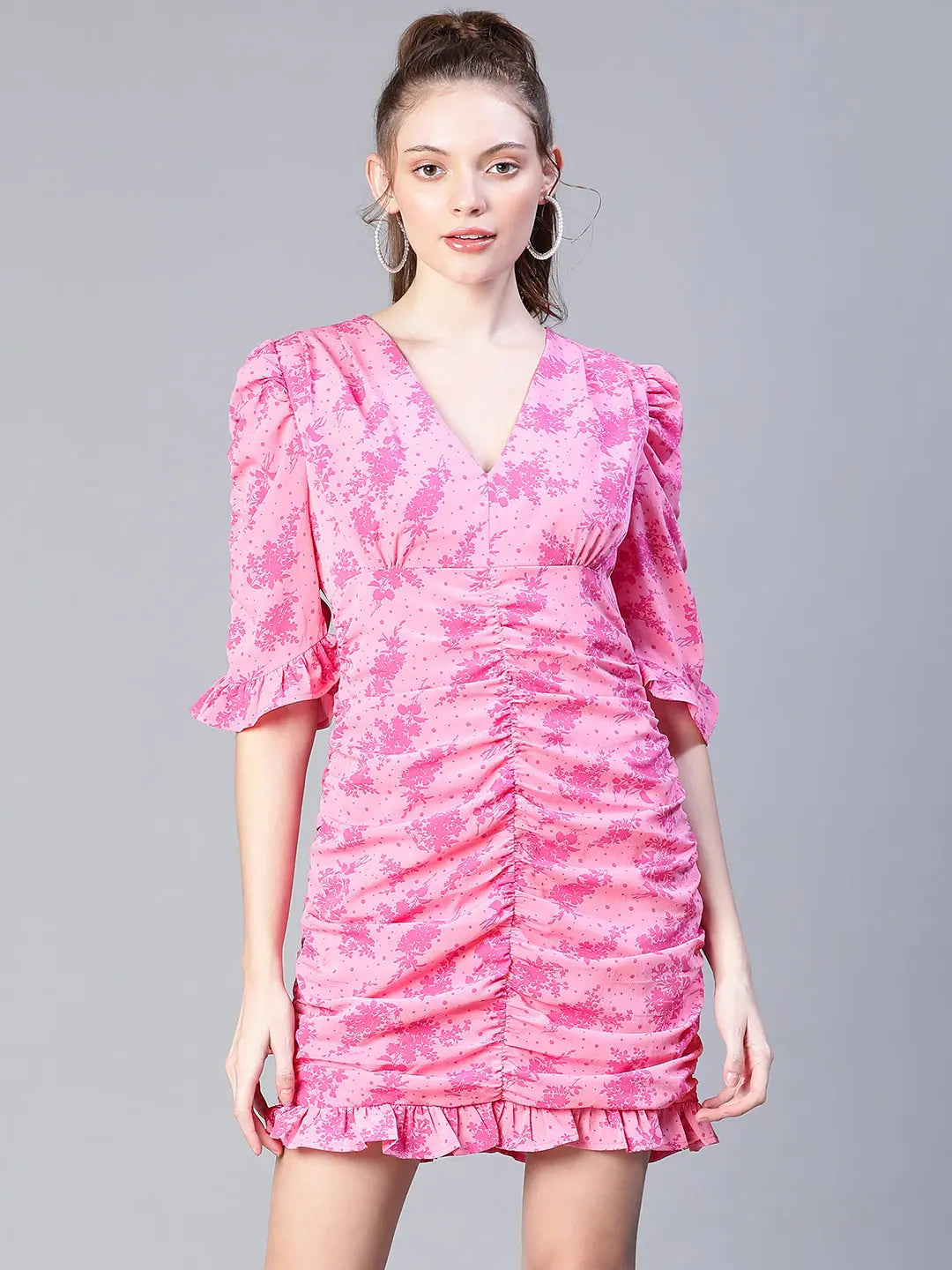 Women's Casual Attire Women Pink Floral Print Gather Pleated V-Neck Ruffle Dress