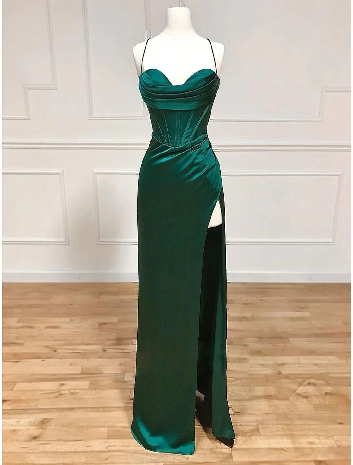 Women's Luxury Garments Sheath / Column Evening Gown Empire Dress Formal Wedding Party Floor Length Sleeveless Spaghetti Strap Satin Backless with Pleats Slit