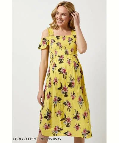 Charming Everyday Clothing For Women Yellow Maternity Shirred Floral Print Dress