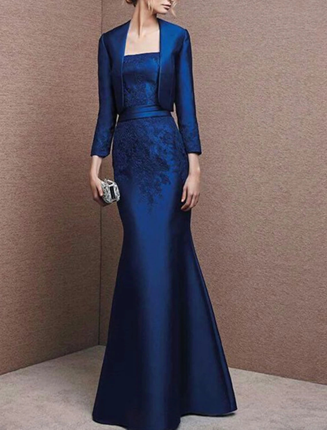 Women's Stylish Vacation Attire Two Piece Mermaid / Trumpet Mother of the Bride Dress Wedding Guest Elegant Strapless Floor Length Satin Lace 3/4 Length Sleeve with Appliques Solid Color