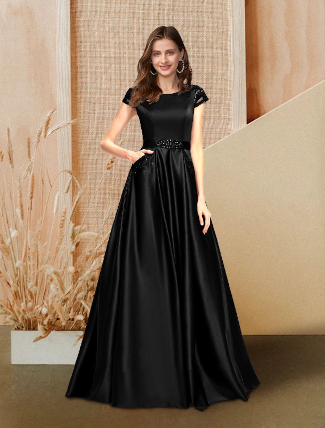 Women's Evening Attire A-Line Evening Gown Luxurious Dress Wedding Guest Engagement Floor Length Short Sleeve Jewel Neck Pocket Satin with Beading Lace Insert Pocket