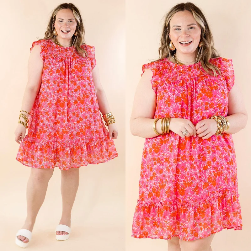 Fashionable Women's Clothes New To The Scene Floral Dress with Ruffle Cap Sleeves in Red and Pink