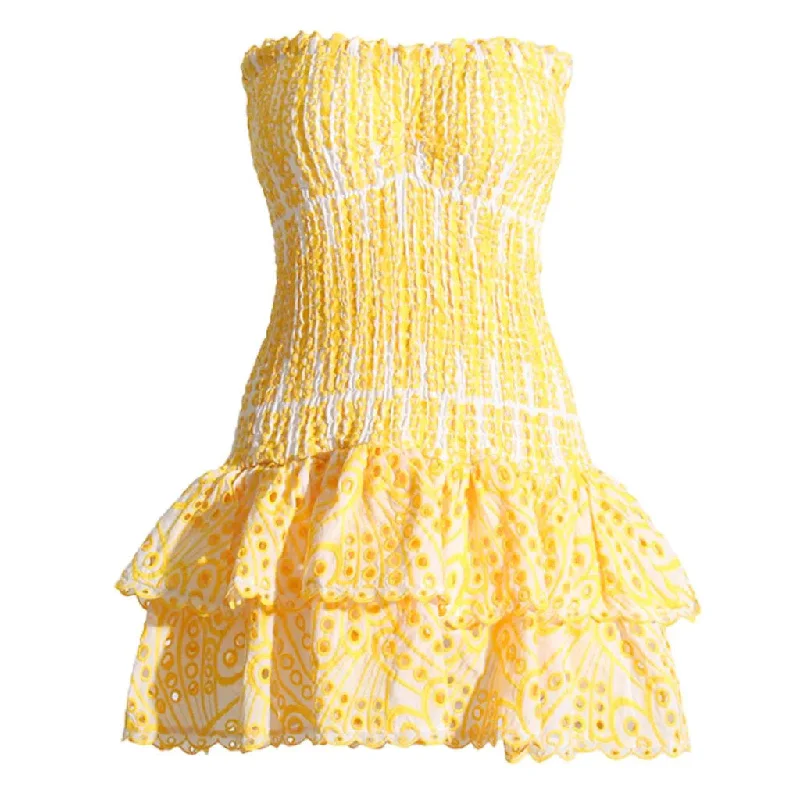 Women's Everyday Attire Sexy Scalloped Strapless Smocked Broderie Anglaise Tiered Ruffled Mini Dress