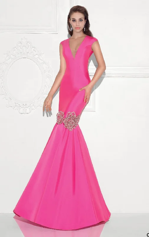 Women's High-Fashion Garments Tarik Ediz Cap Sleeved Deep V-Neck Mermaid Gown 92729 - 1 pc Fuchsia in Size 8 Available