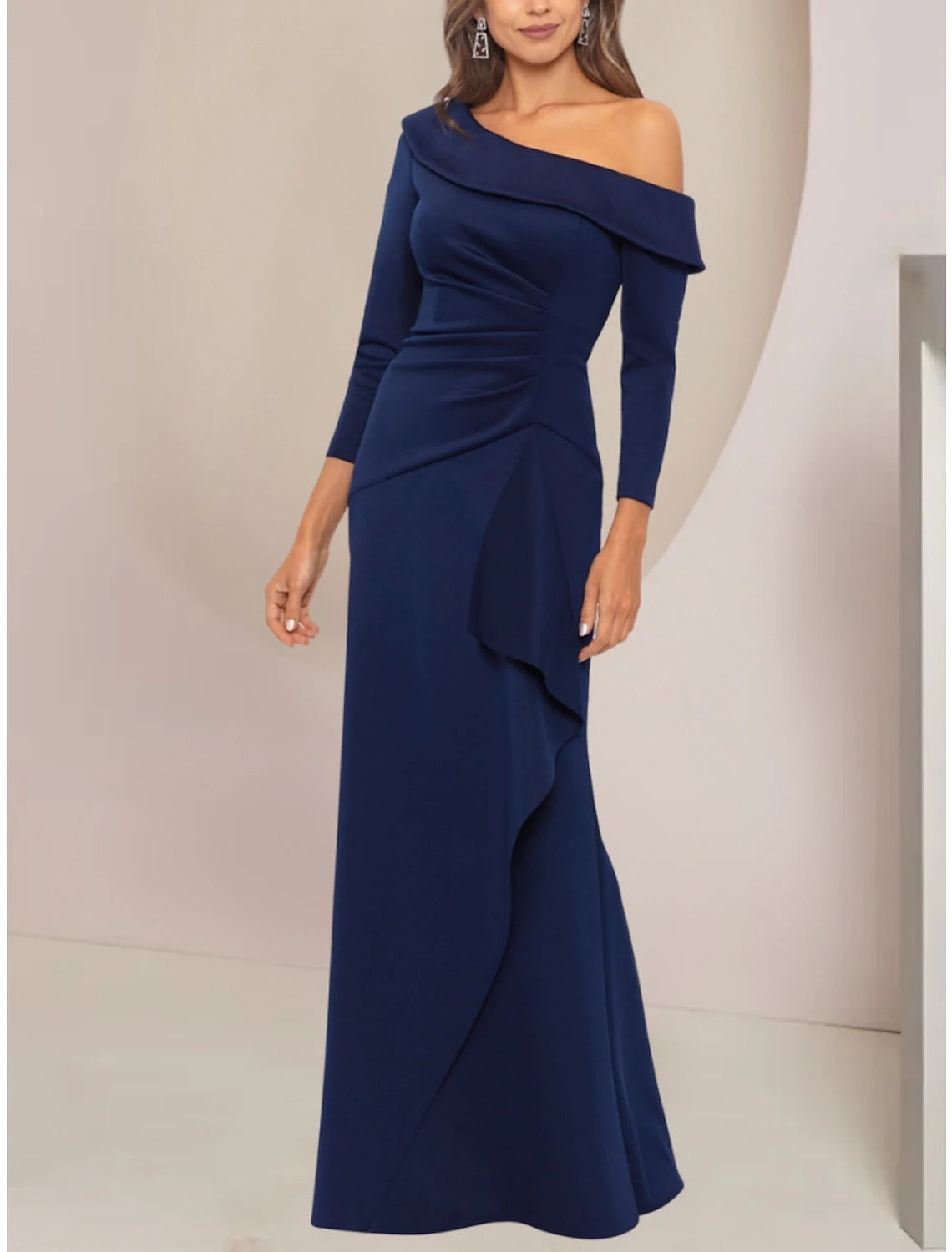 Women's Classic Outfit A-Line Mother of the Bride Dress Wedding Guest Party Elegant Off Shoulder Floor Length Stretch Fabric Long Sleeve with Ruffles Solid Color