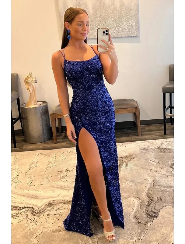 Women's Clothing Mermaid / Trumpet Prom Dresses Hot Dress Formal Wedding Party Sweep / Brush Train Sleeveless Spaghetti Strap Sequined Backless with Sequin Slit