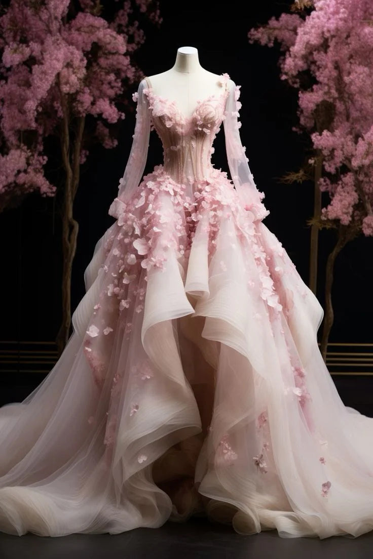 Fashion-Forward Women's Clothing Pink Gorgeous Exquisite Floral A-line Long Tulle Long Sleeve Ball Gown Prom Dress Evening Dress Wedding Dress gh3273