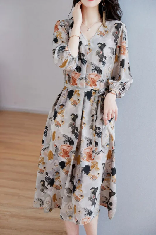 Classic Women's Apparel 100% silk Fashion design v neck multi color floral print long sleeve A-line dresses