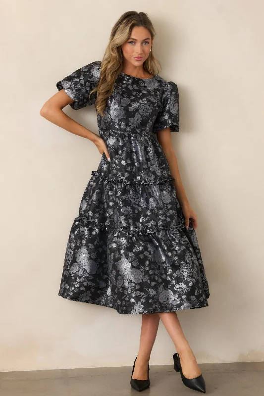 Women's Office Attire Follow My Lead Black Floral Jacquard Midi Dress