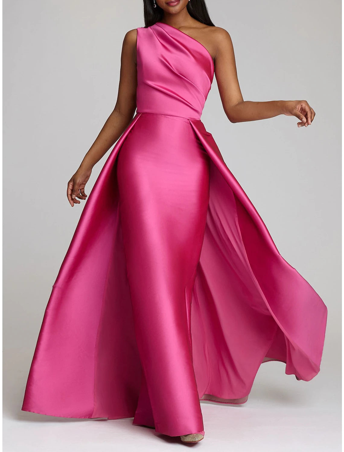 Timeless Women's Apparel Sheath Christmas Red Green Dress Evening Gown Hot Pink Dress Wedding Guest Floor Length Sleeveless One Shoulder Satin with Overskirt Pure Color