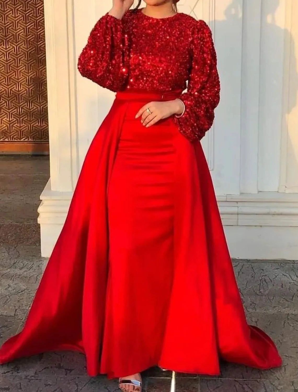 Women's Athletic Outfit Mermaid / Trumpet Evening Gown Glittering Dress Formal Wedding Floor Length Long Sleeve Jewel Neck Fall Wedding Guest Satin with Overskirt