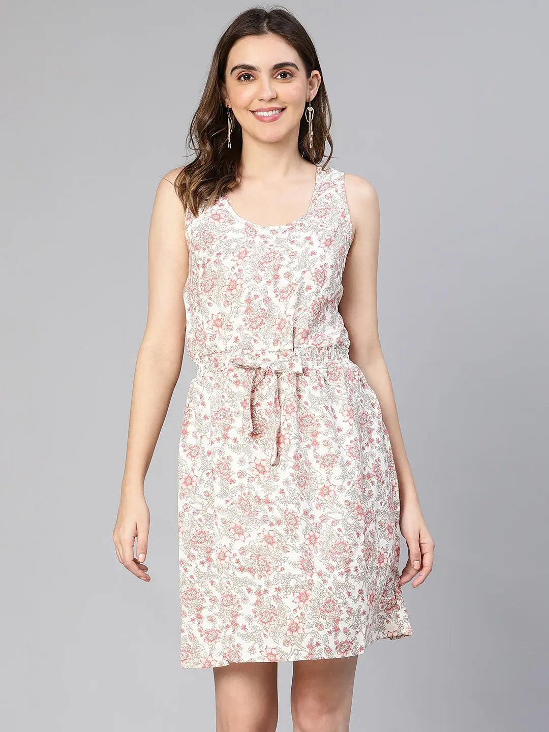 Women's Classic Attire Women pink floral print elasticated & tie-knotted viscose dress