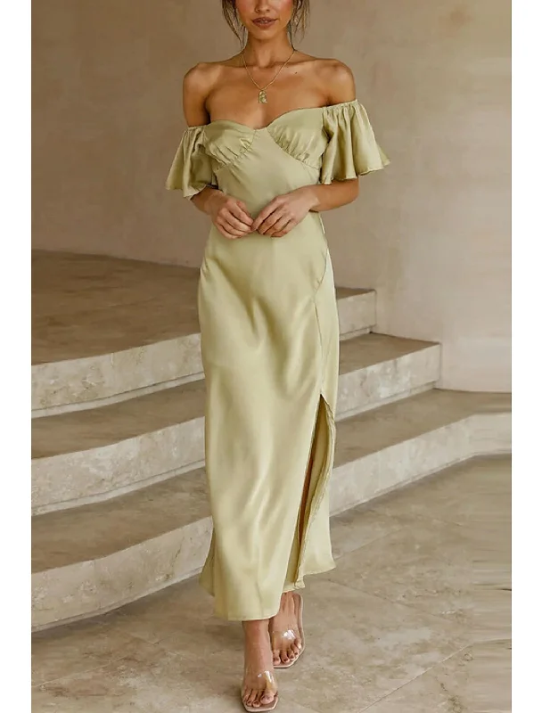 Charming Women's Garments A-Line Wedding Guest Dresses Party Dress Wedding Birthday Ankle Length Short Sleeve Off Shoulder Satin with Ruffles Slit