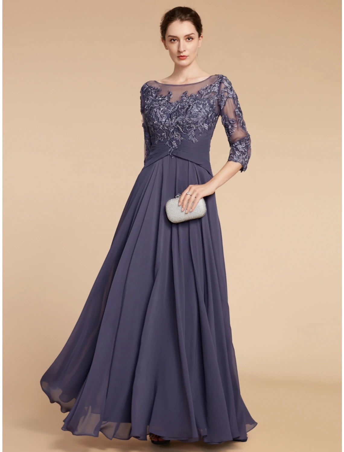 Women's Versatile Apparel A-Line Mother of the Bride Dress Wedding Guest Elegant Scoop Neck Floor Length Chiffon Lace 3/4 Length Sleeve with Ruching Solid Color