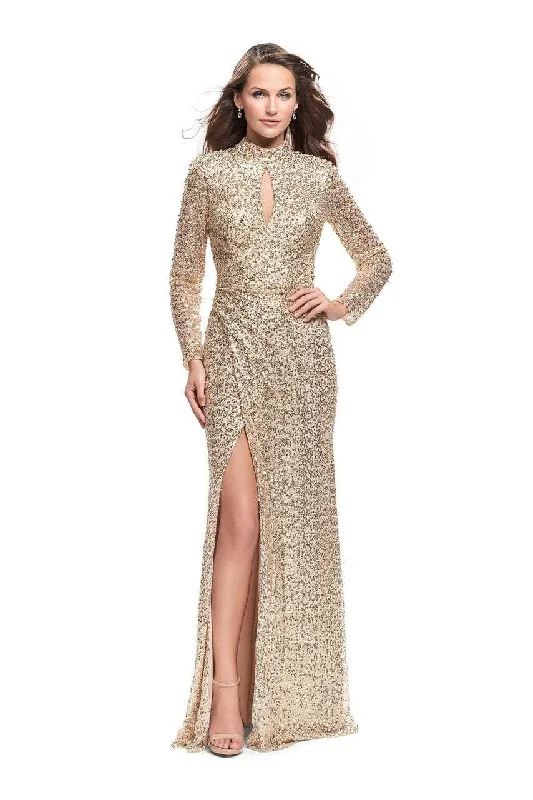 Women's Fashionable Attire For Work La Femme - 26263 Long Sleeve High Neck Sequined Evening Gown