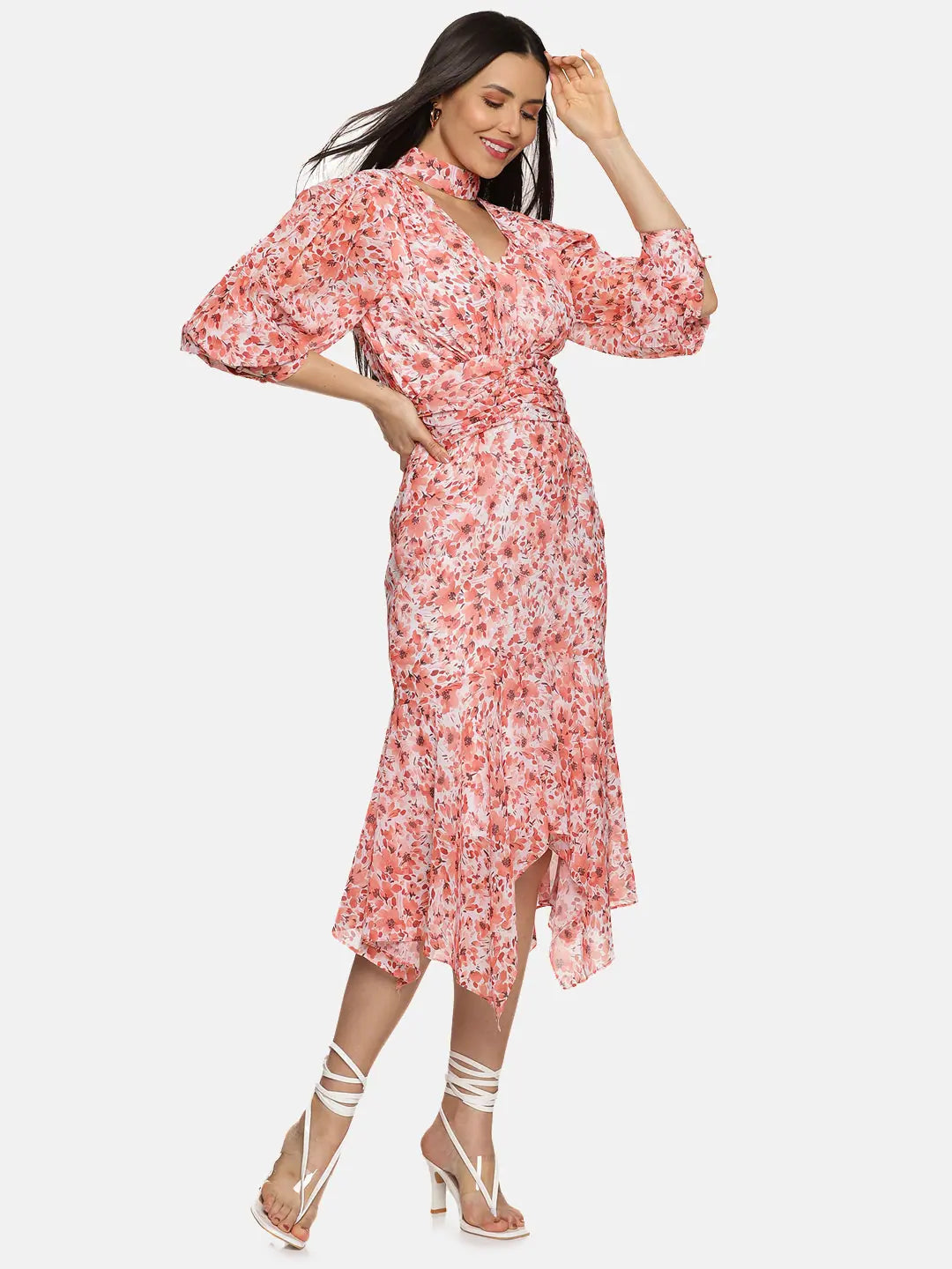 Women's Chic Outfit Floral Orange High Neck Fit And Flare Dress