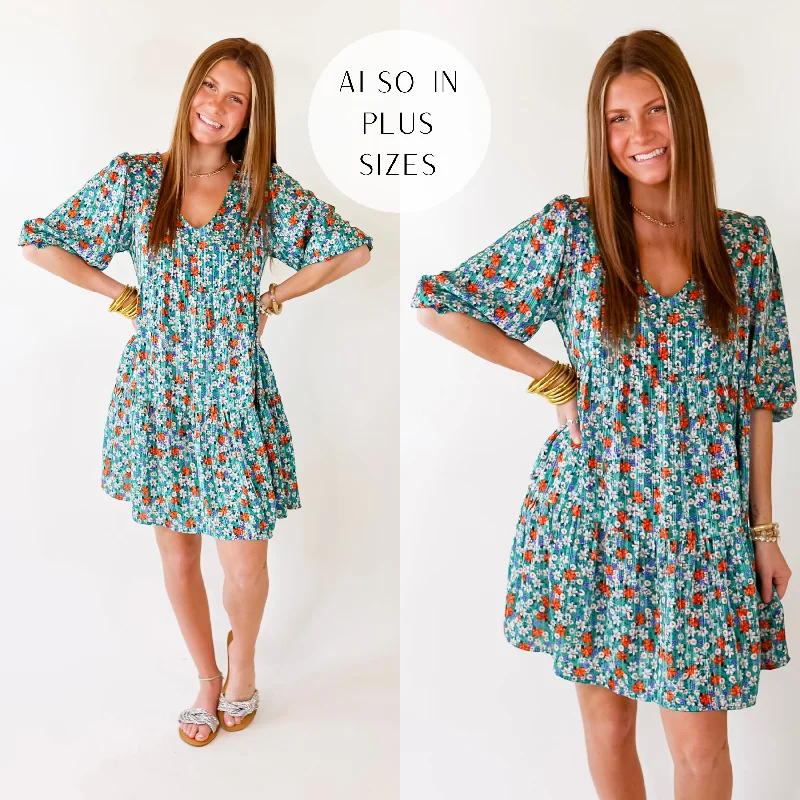 Stylish And Comfortable Clothing For Women Last Chance Size Small & Medium | Pretty Personality Tiered Floral Dress in Teal