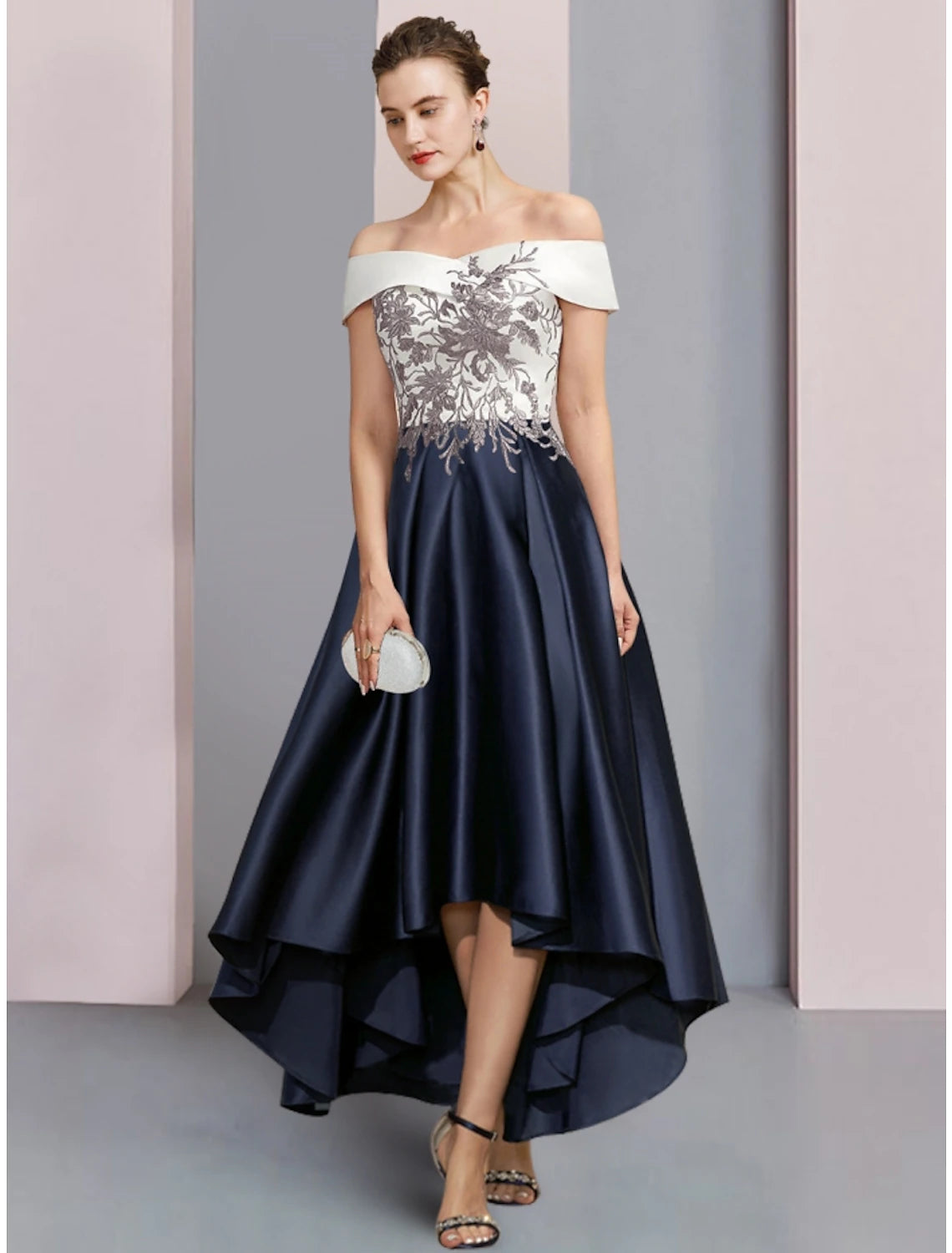 Women's Trendy Casual Clothes A-Line Mother of the Bride Dress Wedding Guest Elegant Off Shoulder Asymmetrical Ankle Length Satin Lace Short Sleeve with Ruching