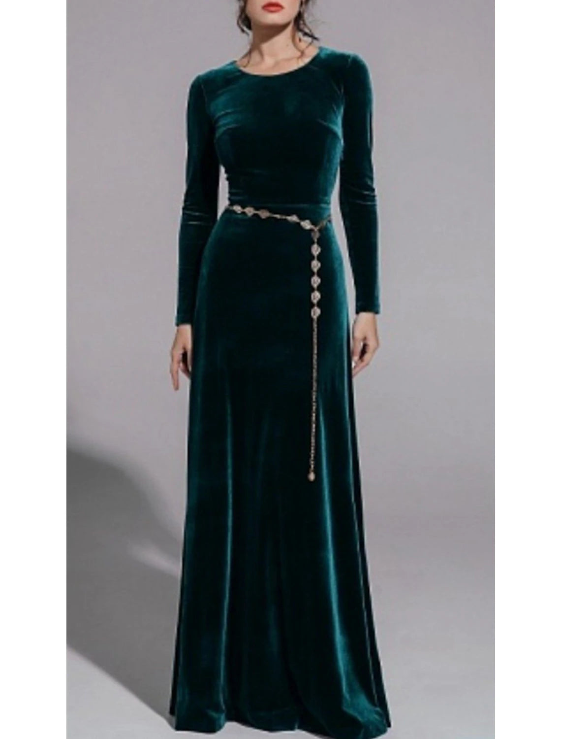 Women's Functional Apparel For Outdoor Activities A-Line Mother of the Bride Dress Wedding Guest Simple Elegant Jewel Neck Floor Length Velvet Long Sleeve No with Sash / Ribbon Solid Color