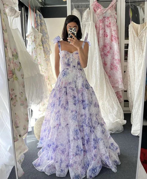 Women's Elegant Evening Outfit Purple Fashion Elegant Floral Long Chiffon Ball Gown Evening Dress Party Dress Graduation Dress gh3225