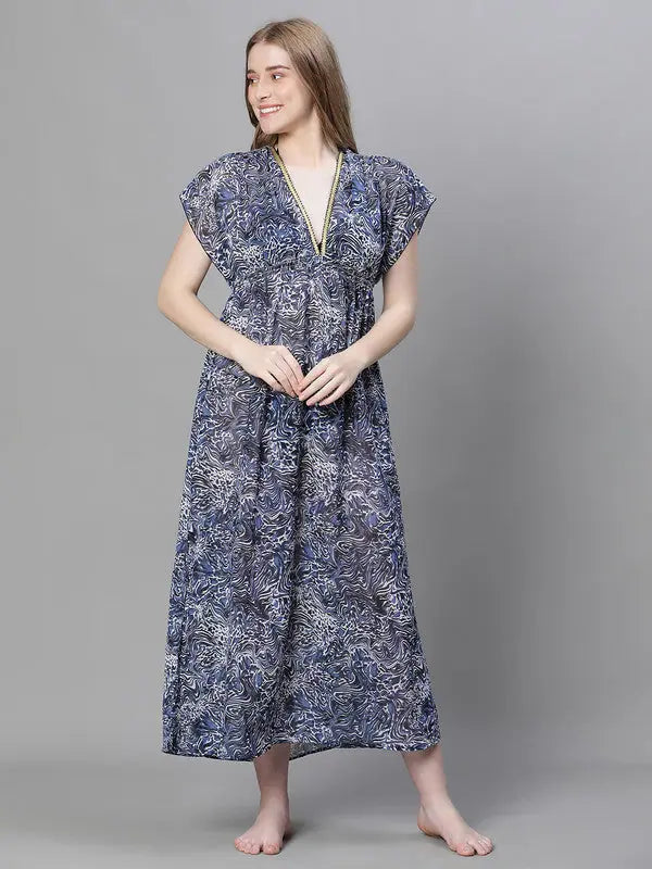 Women's Vintage-Inspired Outfit Women Blue Floral Print V-Neck Laced Up Elasticated Waist Beachwear Dress