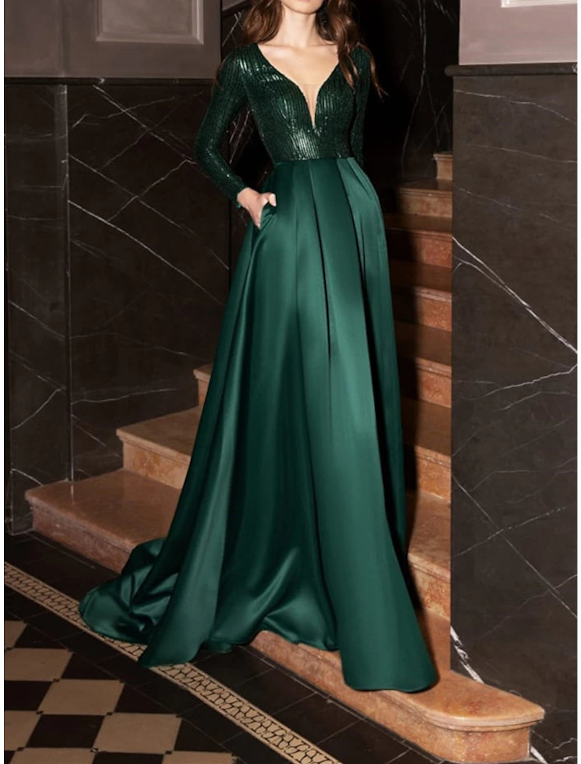 Women's Evening Wear Attire A-Line Evening Dresses Formal Glittering Dress Wedding Guest Court Train Long Sleeve V Neck Satin with Pleats Sequin