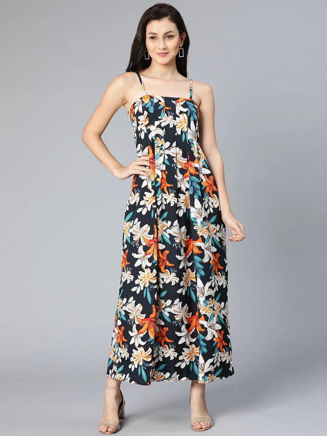 Women's Trendy Apparel Colormax floral printed & pleated shoulder strapped women dress