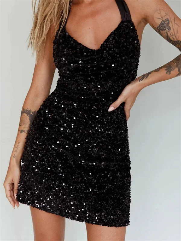 Affordable Women's Attire Glitter Halter Party Sexy Sequined Tie-Up Mini Dresses