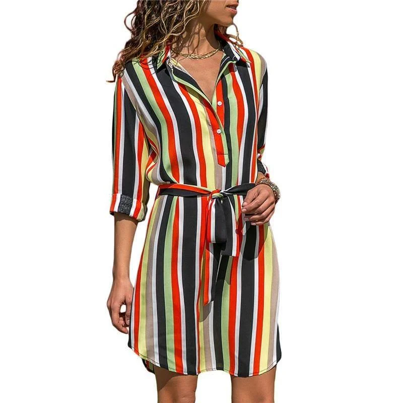 Women's Trendy Garments Chiffon Boho Beach Casual Striped Print A-line Shirt Mini Dress