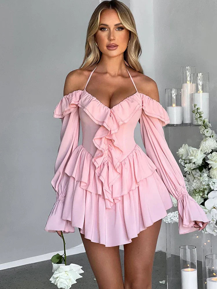 Elegant Women's Attire Ruffle Sleeve Halter Slim Nightclub Sexy Party Autumn Winter Mini Dress