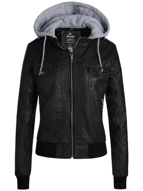 Women's Cozy Outfit For Lounging Women's Hooded Faux Leather Jacket Moto Biker Jacket