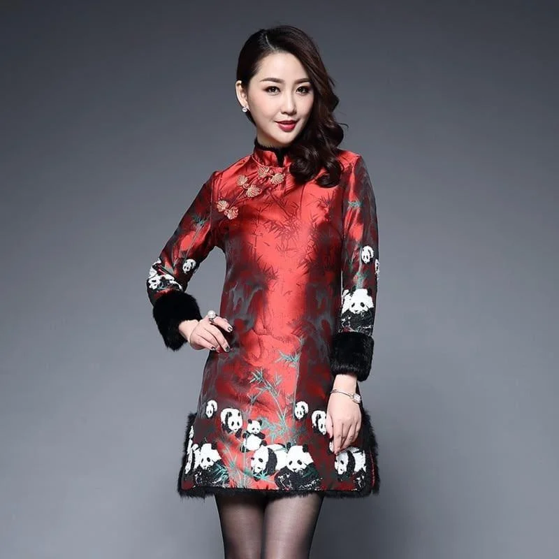 Women's Holiday Attire Long Sleeve Winter Qipao Satin Cheongsam Cotton Red Chinese Traditional Mini Dress