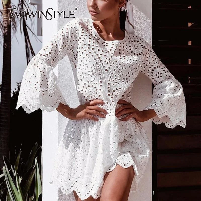 Women's Outerwear Garments Mini Lace Sexy Dresses Women Flare Sleeve Mini Dress